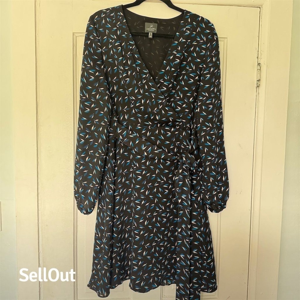 Adrianna Papell Women's Size 12‎ Ditsy Feather Print Faux Wrap Dress